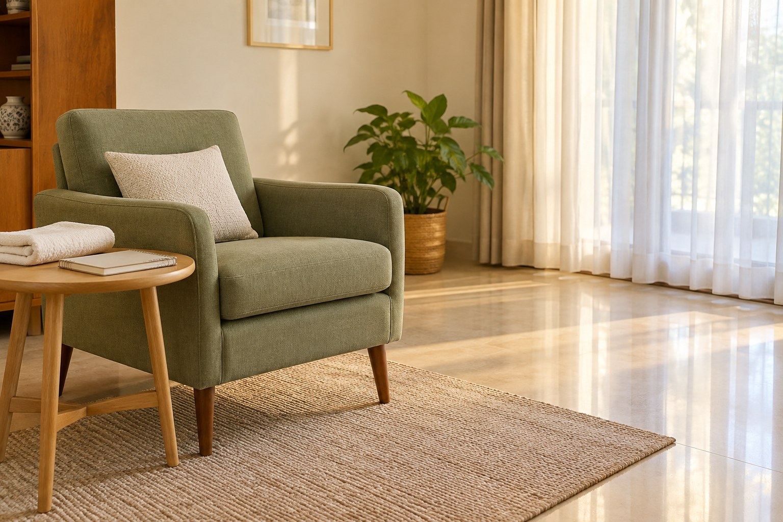 Illustrative uncluttered home space with clear floor space around a chair